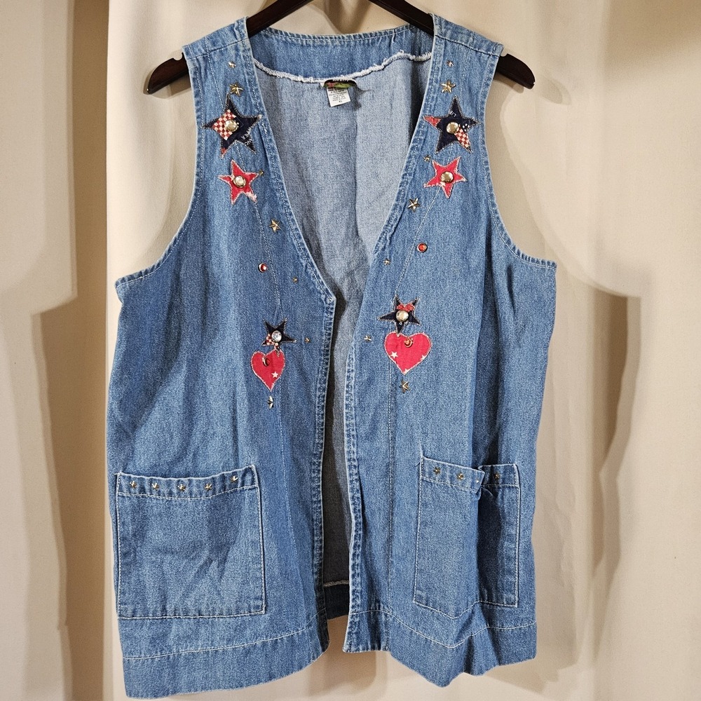 Cactus California Womens Western Denim Open Front Vest Embroidered Stars Size XL